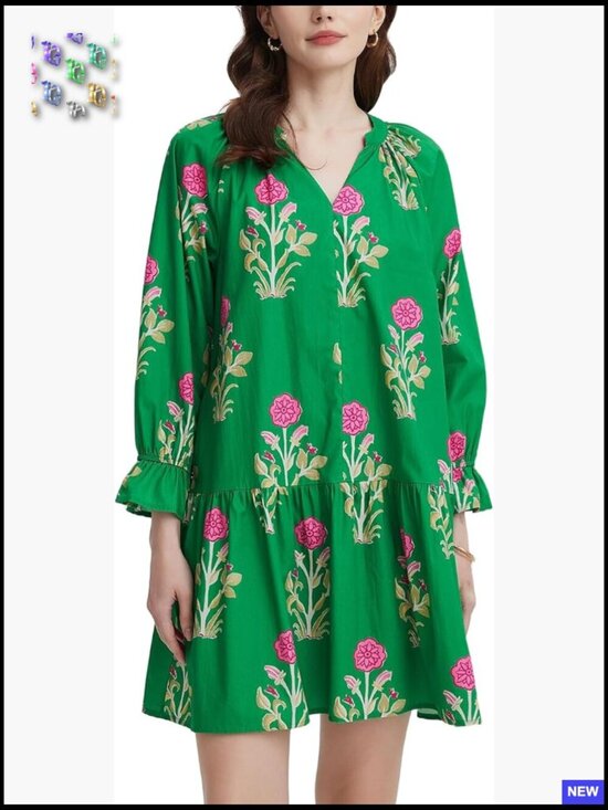 Dresses & Skirts - Boho Floral Mini Dress V Neck Puff Sleeve Tiered Ruffle Beach Vacation